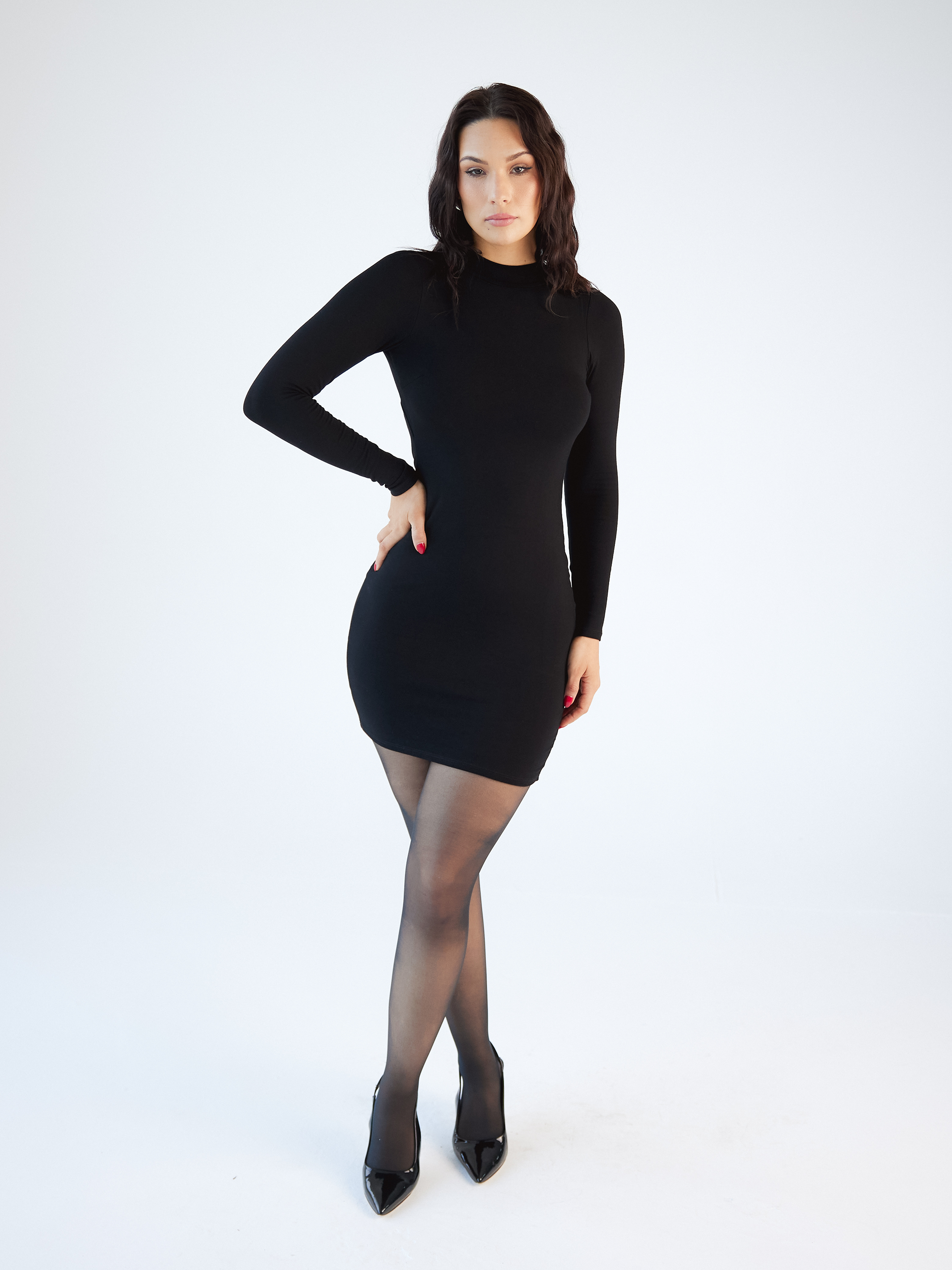 Turtleneck mini dress mesh net pantyhose and navy blue tights and