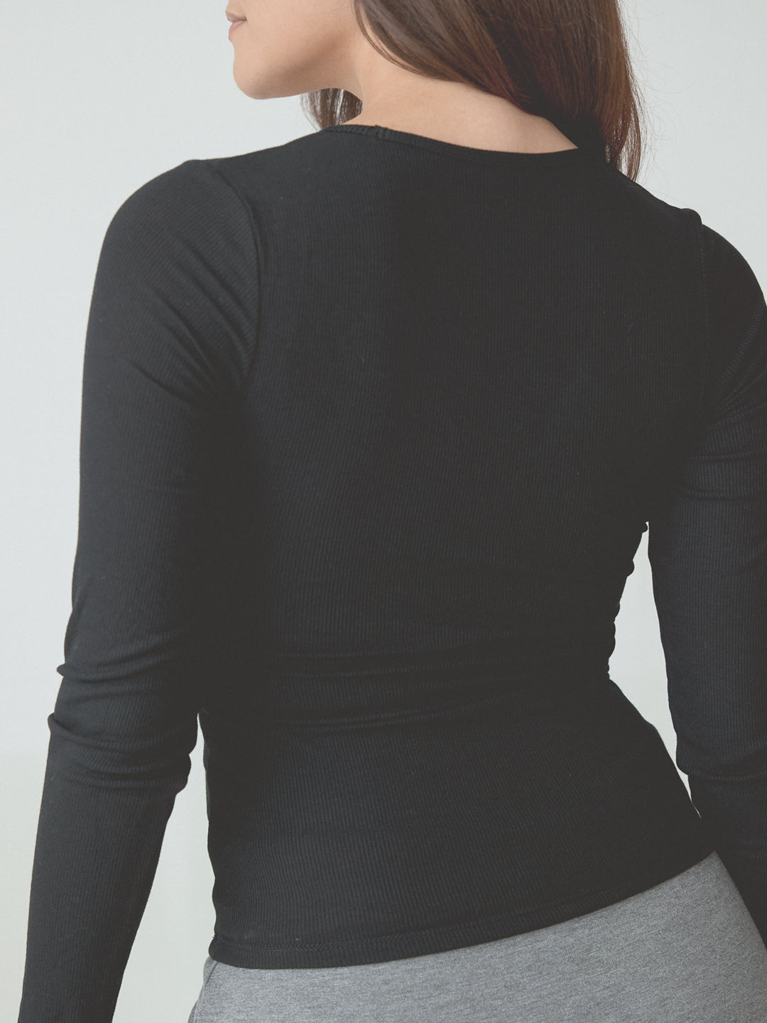 Braless Ribbed Deep V Long Sleeve