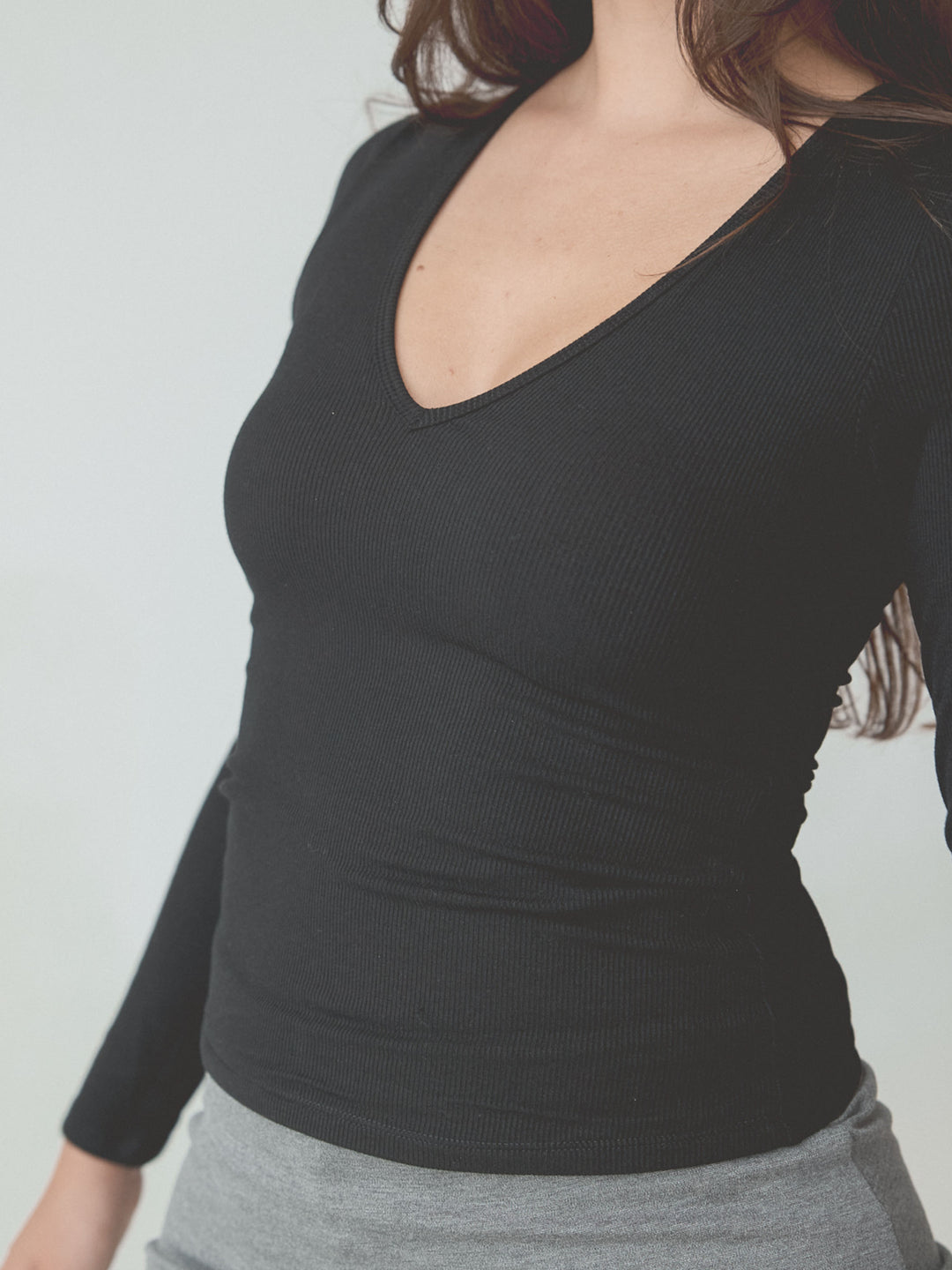 Braless Ribbed Deep V Long Sleeve