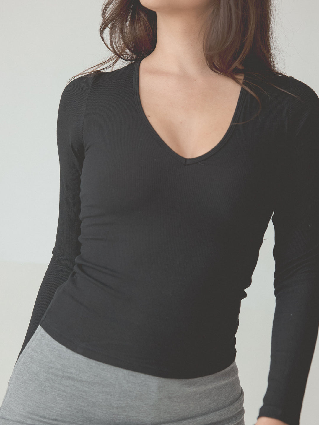 Braless Ribbed Deep V Long Sleeve