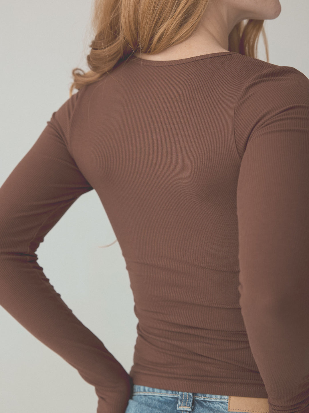 Braless Ribbed Deep V Long Sleeve