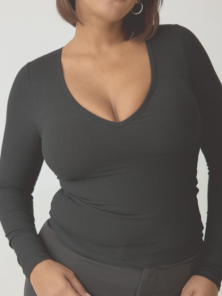 Braless Ribbed Deep V Long Sleeve