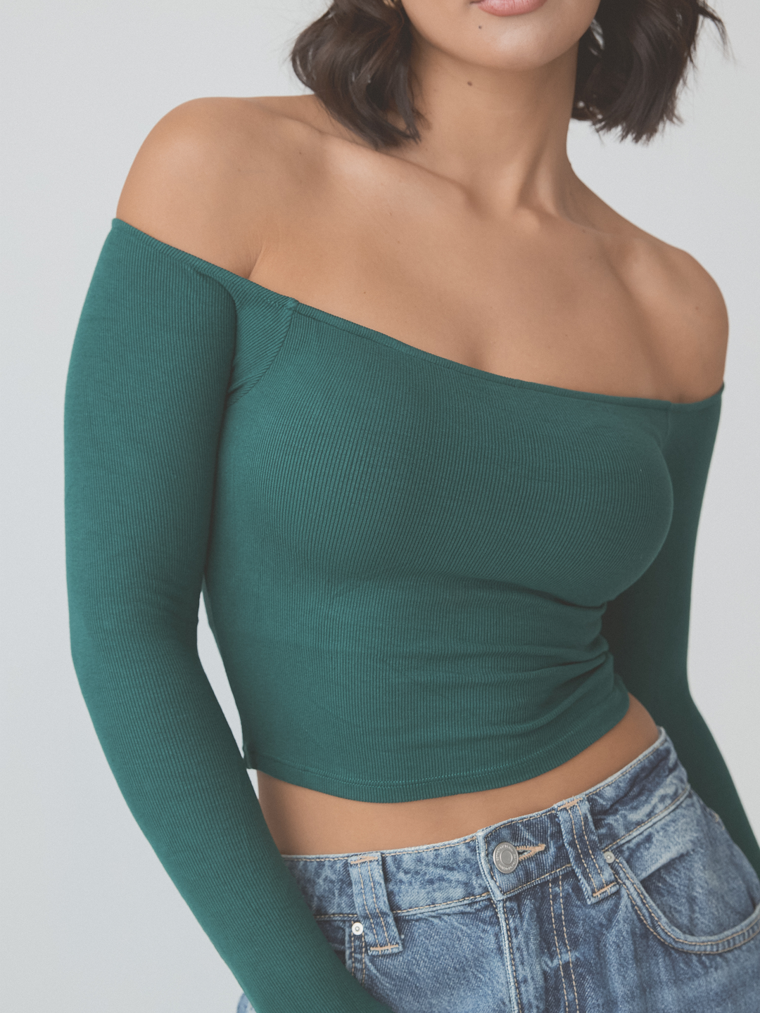 Ribbed Off The Shoulder Long Sleeve Crop