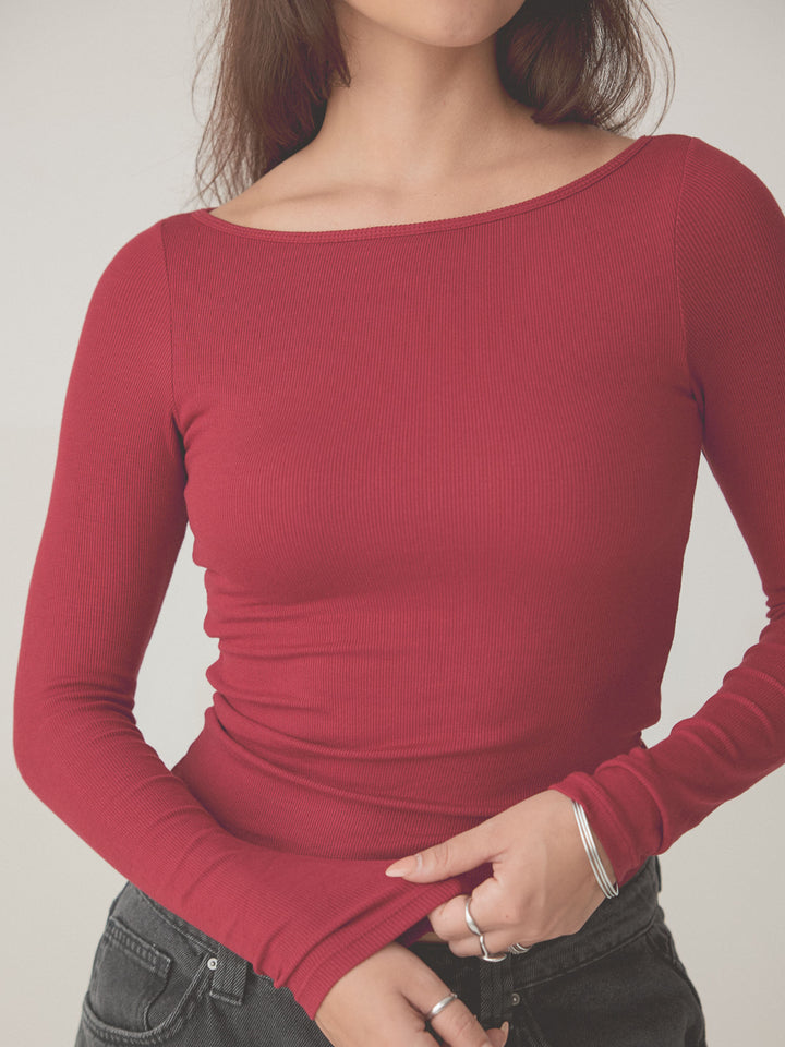 Ribbed Boat Neck Braless Long Sleeve