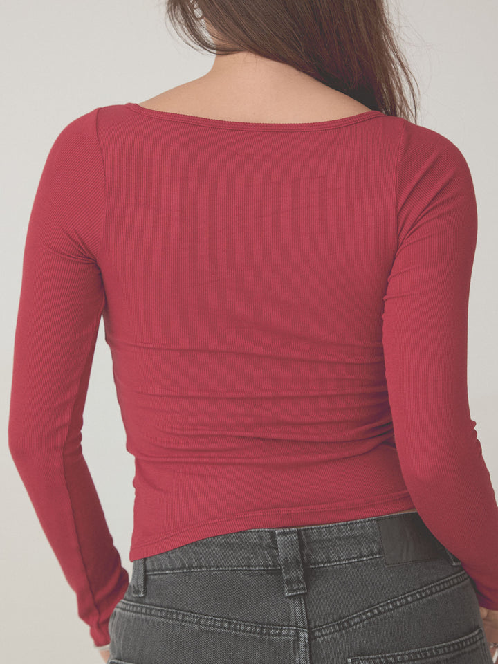 Ribbed Boat Neck Braless Long Sleeve