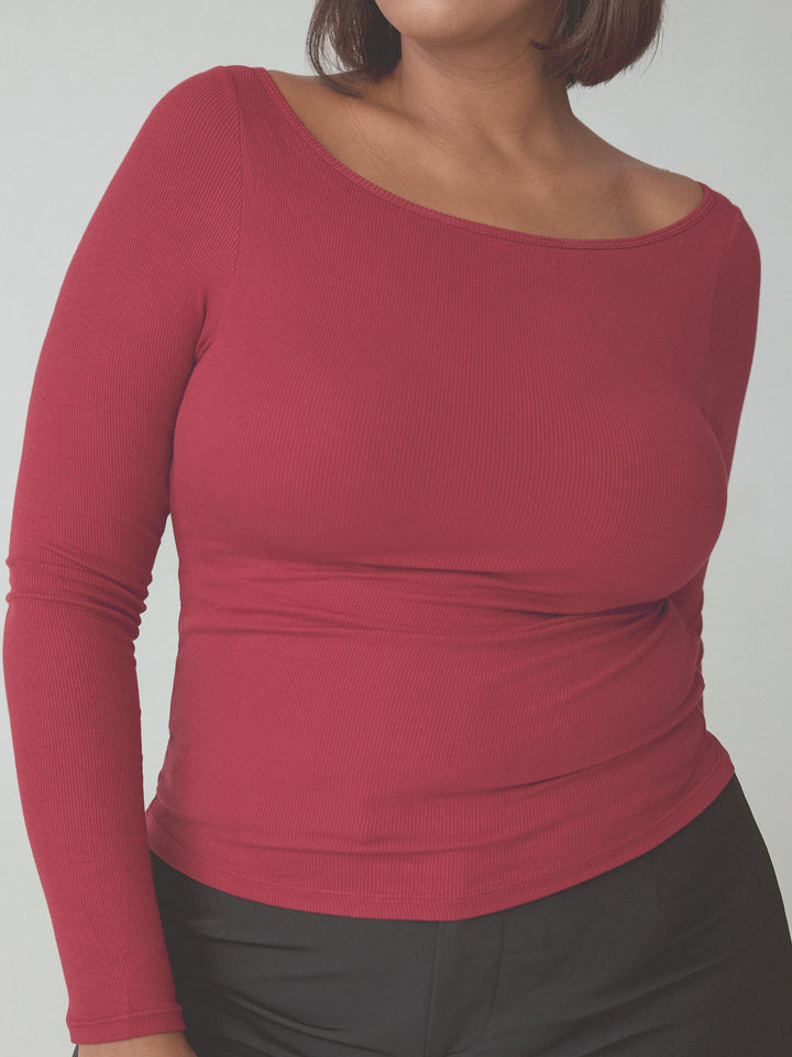 Ribbed Boat Neck Braless Long Sleeve