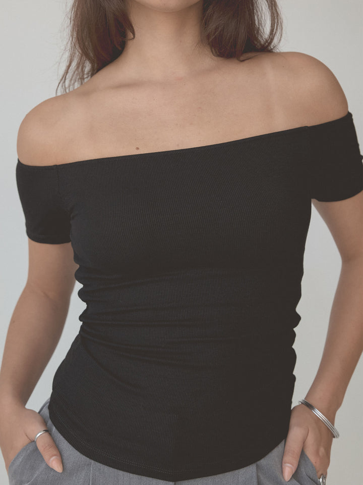 Ribbed Off The Shoulder Braless Short Sleeve