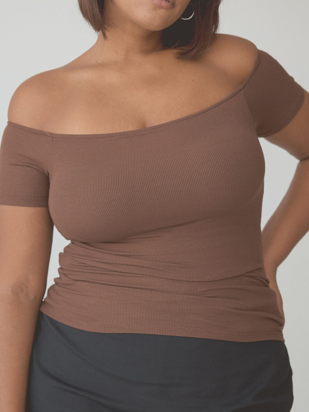 Ribbed Off The Shoulder Braless Short Sleeve