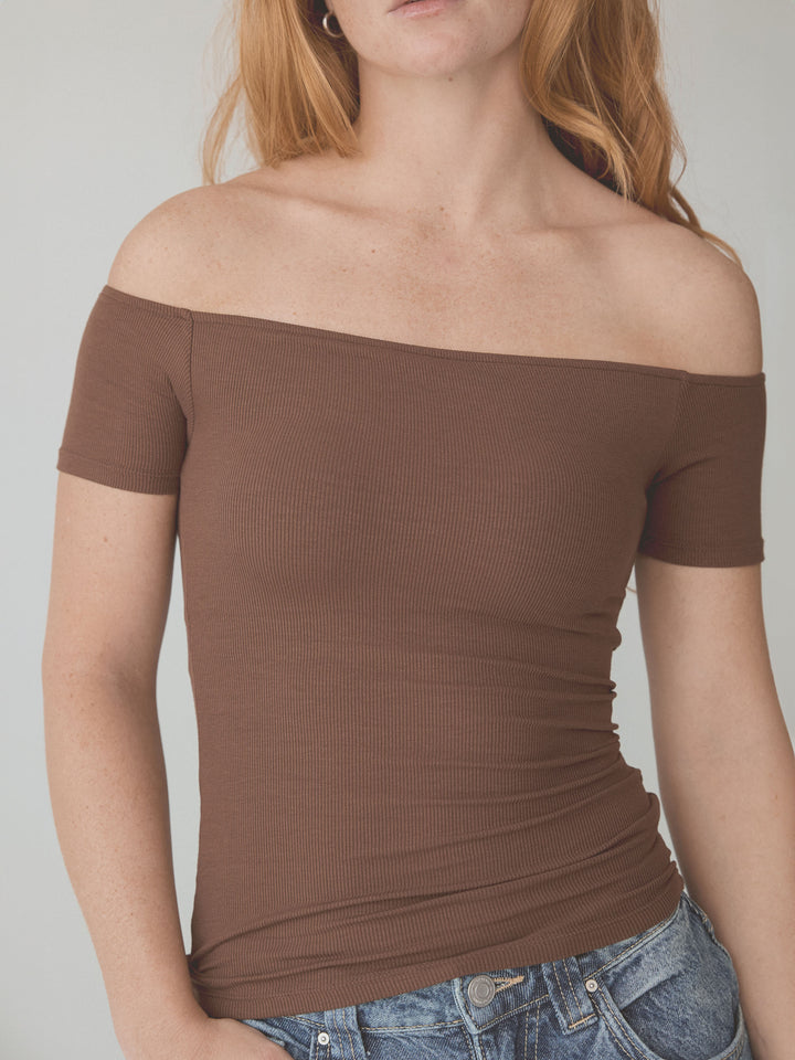 Ribbed Off The Shoulder Braless Short Sleeve