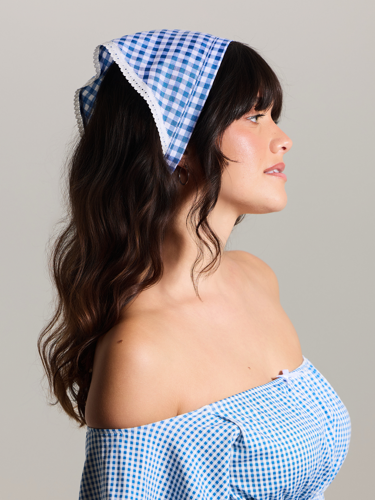 Peri Micro Gingham Tie-Up Scarf Blue Gingham Bandana Headscarf Navy Gingham Scarf – XAIA main image 2