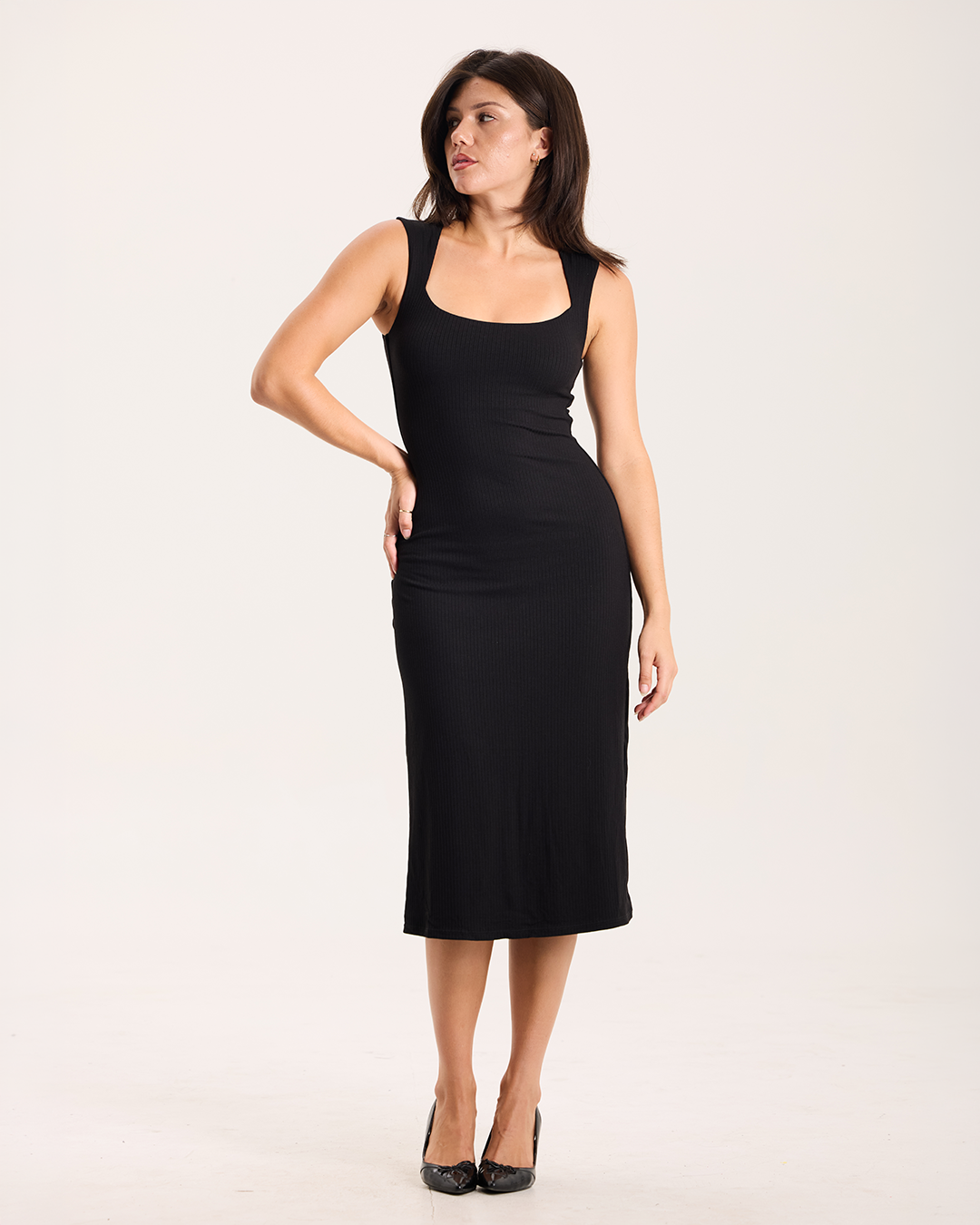 Ribbed Square Neck Tank Midi Brami Dress - Klassy Fall '26