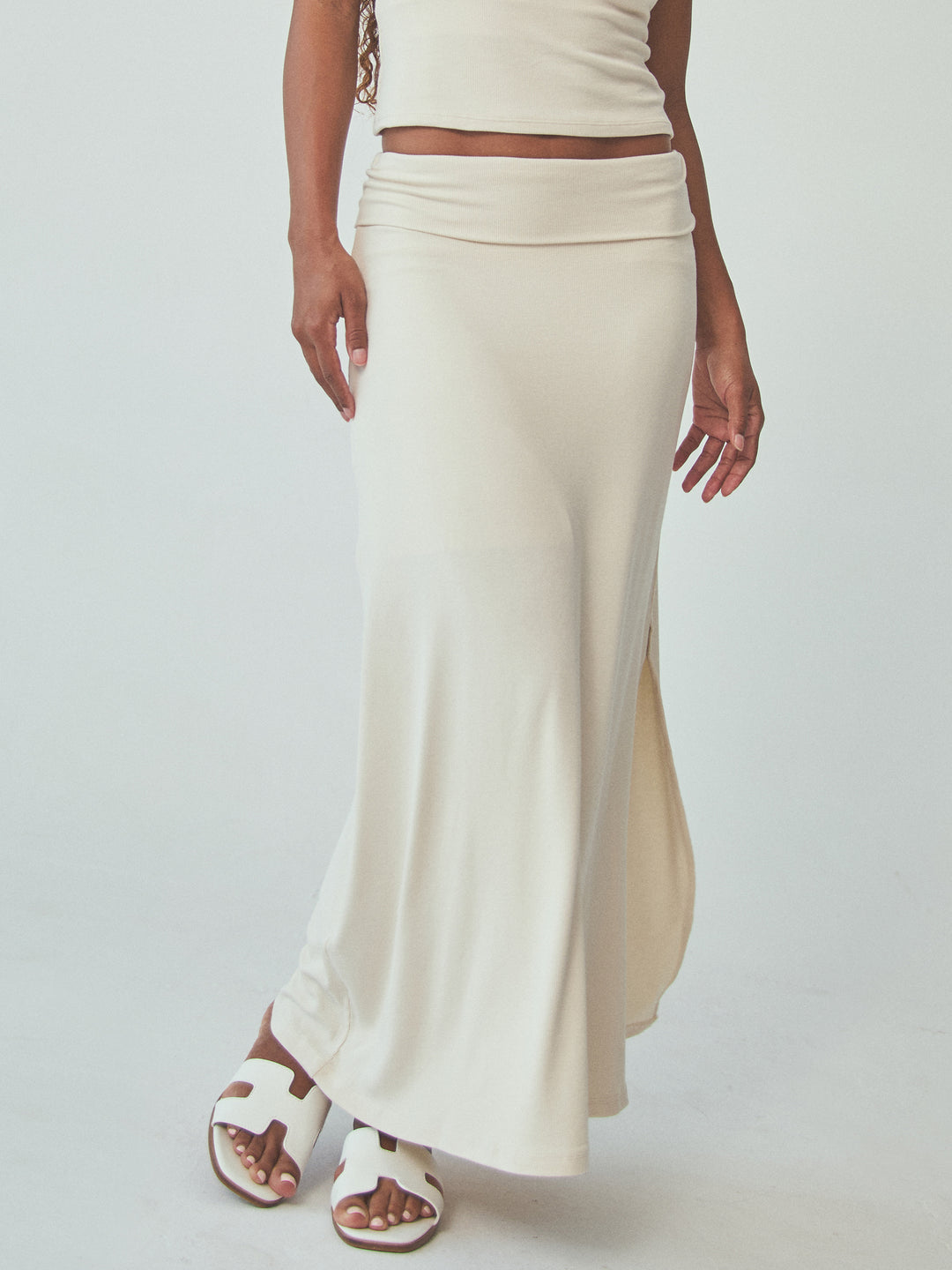 Ribbed Fold Over Maxi Skirt