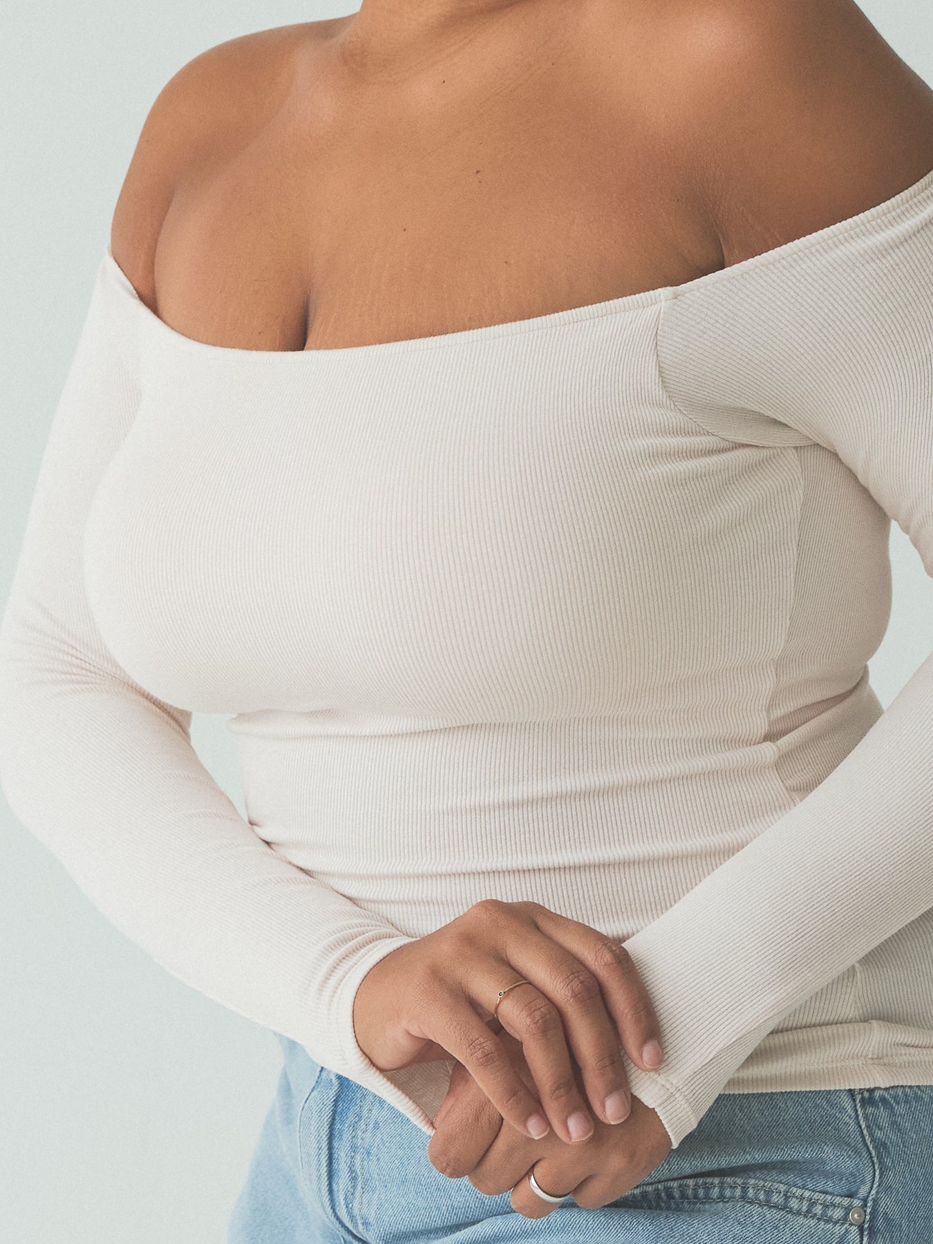 Klassy Network Off The Shoulder Brami Top - Long Sleeve Ribbed Stretch Top With Built-in Support For Women