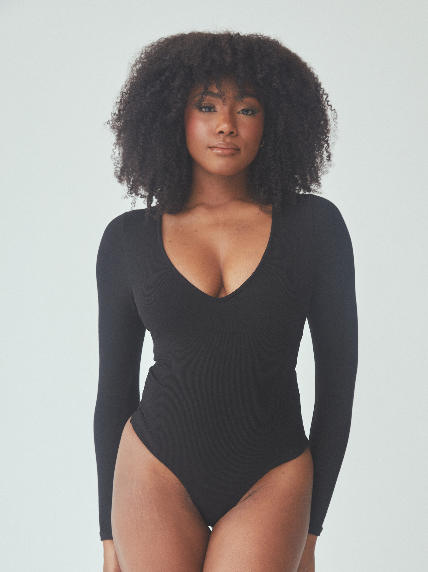 Deep V Neck Bodysuit for Women's Long Sleeve Tops Black XS 